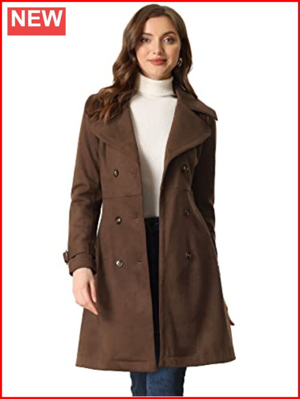 Faux Suede Trench Coat with Belted Waist and Long Sleeves
